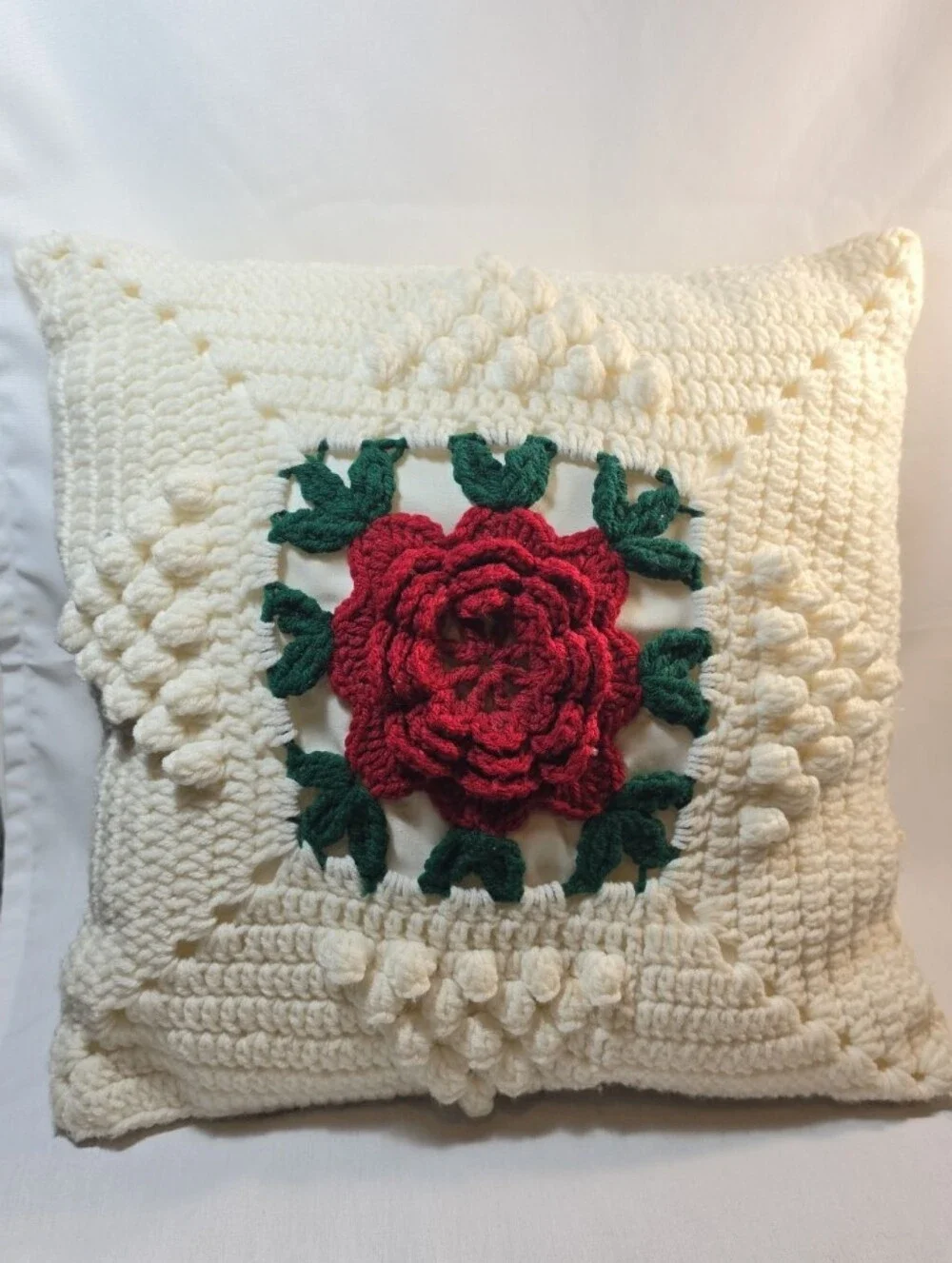 Vintage-Style 3D Rose Granny Square White Crochet Throw Pillow 14x14
